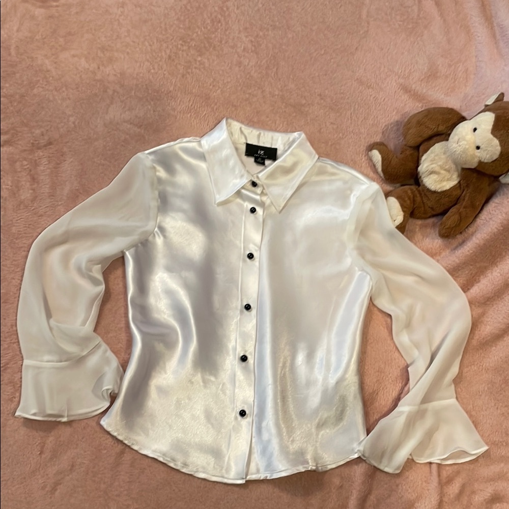 Y2K Kids Amy Byer White Satin Blouse with sheer sleeves